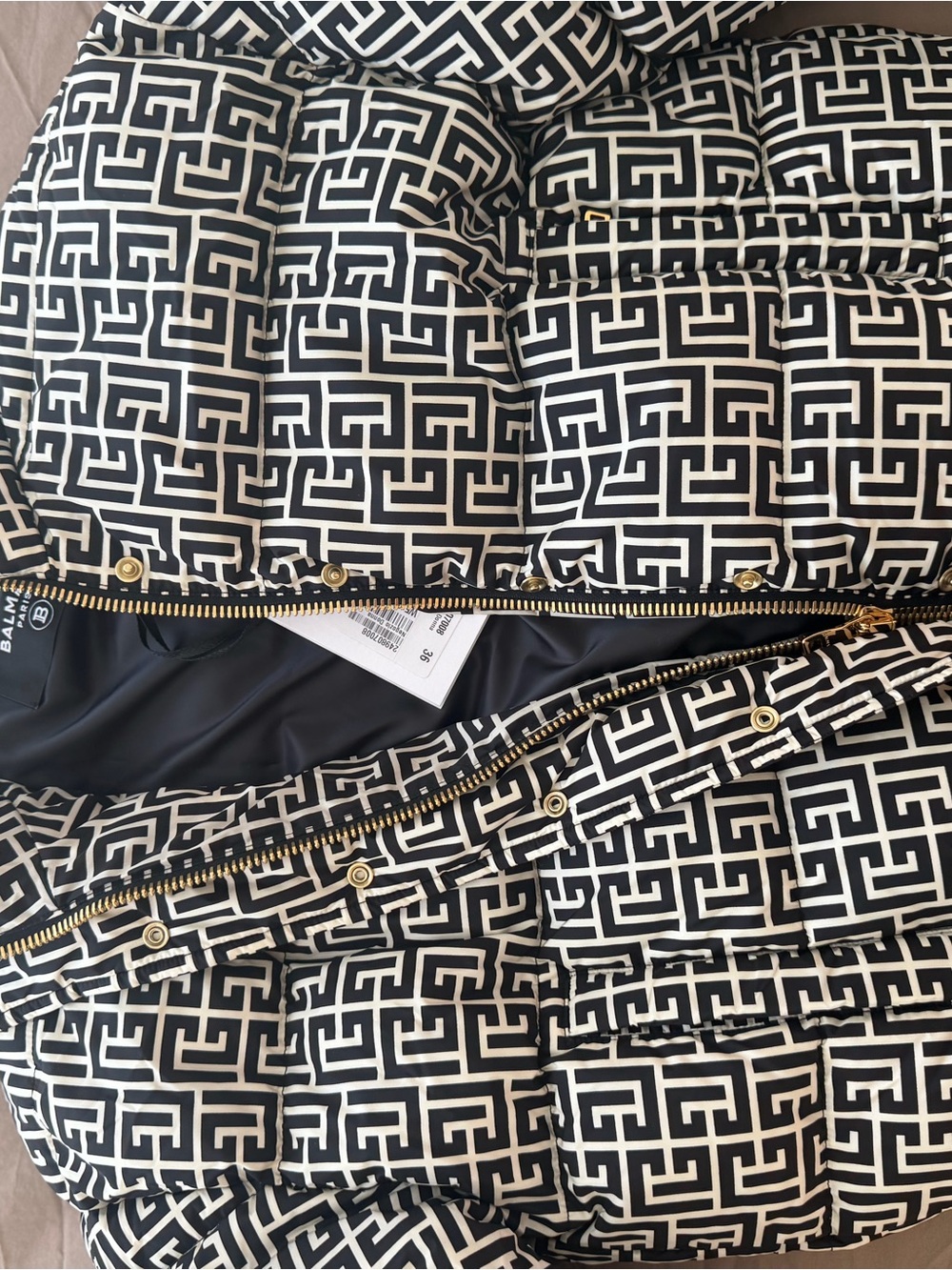 Balmain Black and White Geometric Logo Puffer Bomber Jacket with Gold Buttons - Picture 2 of 4